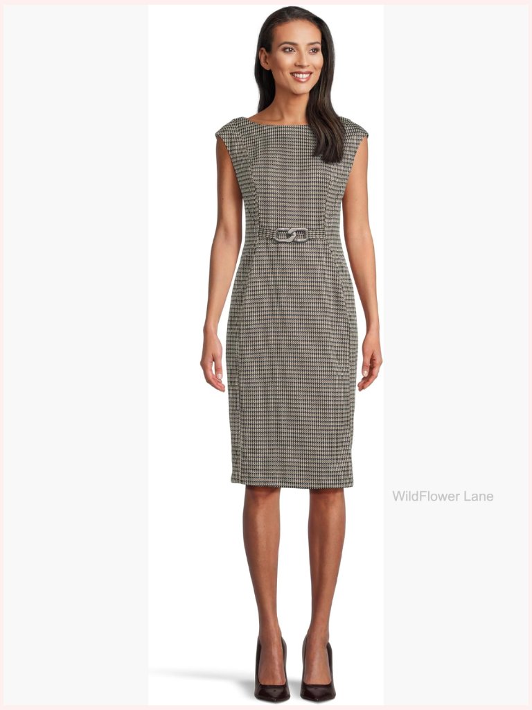 Cap Sleeve Ponte Belted Knee-Length Sheath Dress Business Casual